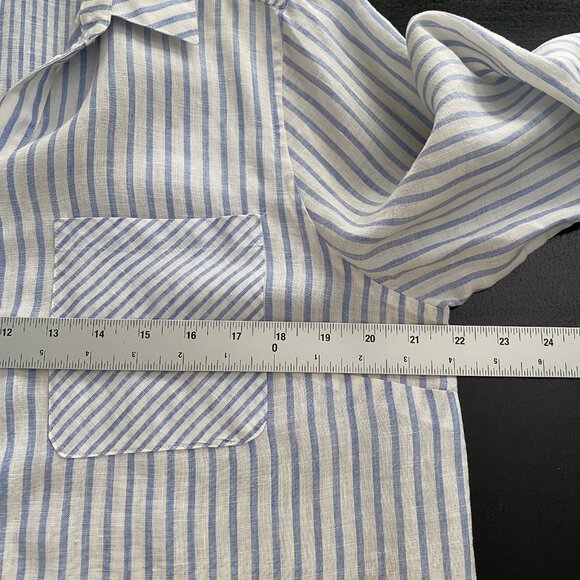 Chicos No Iron 100% Linen Shirt 2 Button Up Blue Striped Beachy Coastal Preppy - Picture 13 of 15